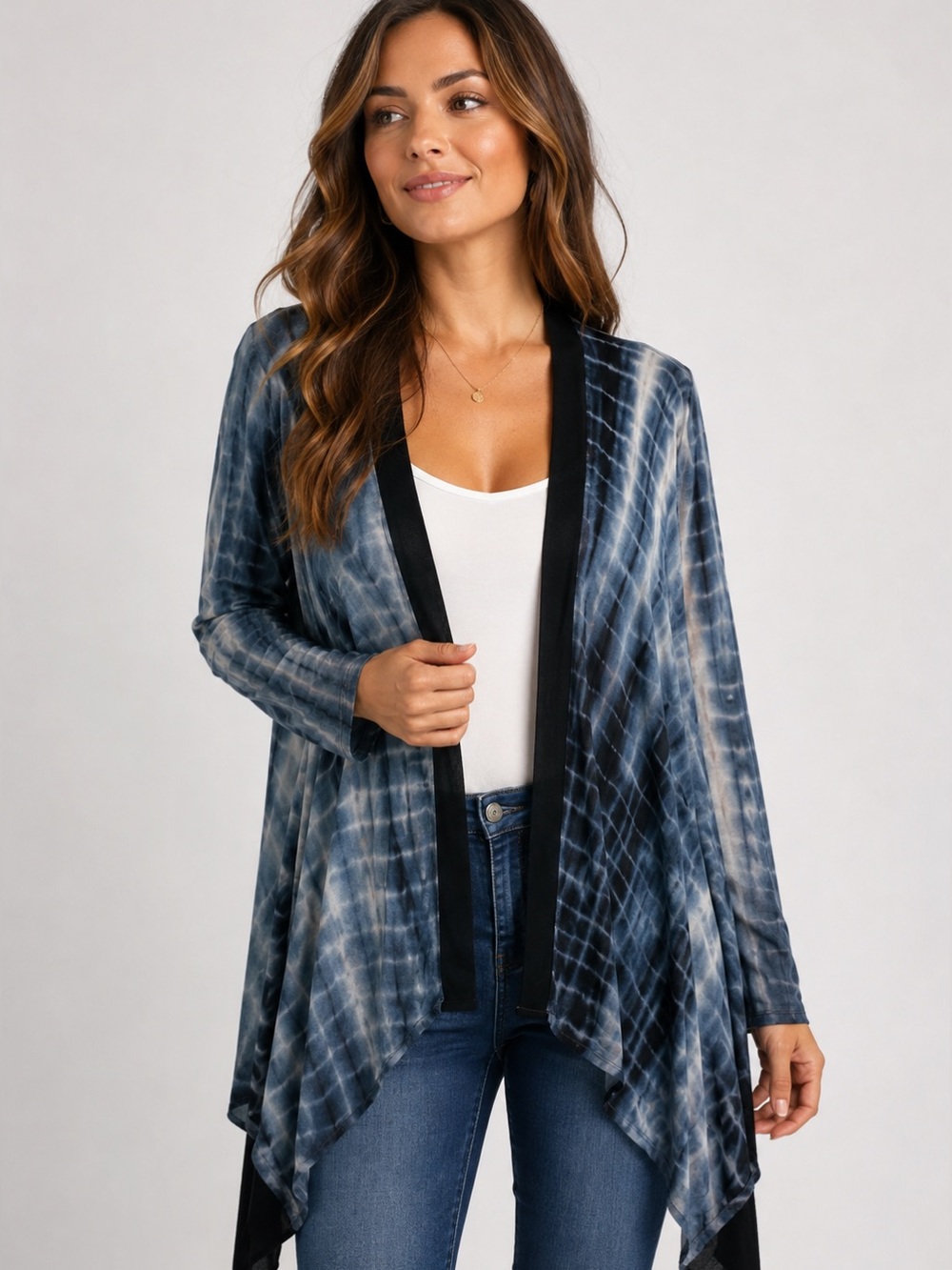 Inspire Women's Black & Gray Tie-Dye Open Front Draped Cardigan